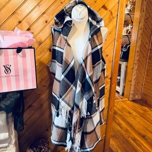 Fringe Plaid Hooded Winter Vest